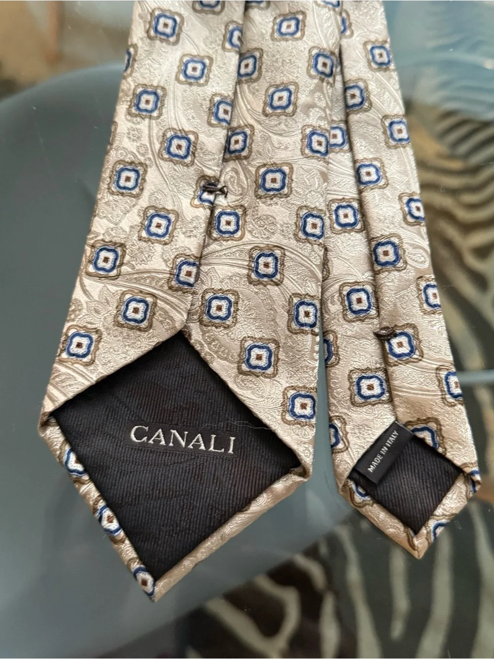 Canali Beige Silk Tie with Navy Square Motif